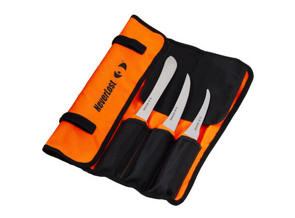 NeverLost pakketilbud 5 Slaktesett, kniv, vildrag og game bag 